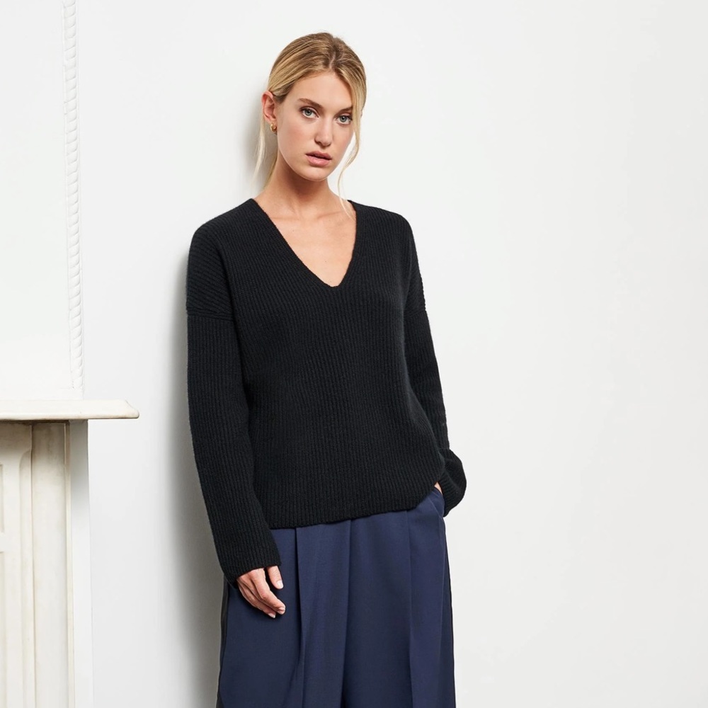 La Ligne Black V-Neck Ribbed Sweater